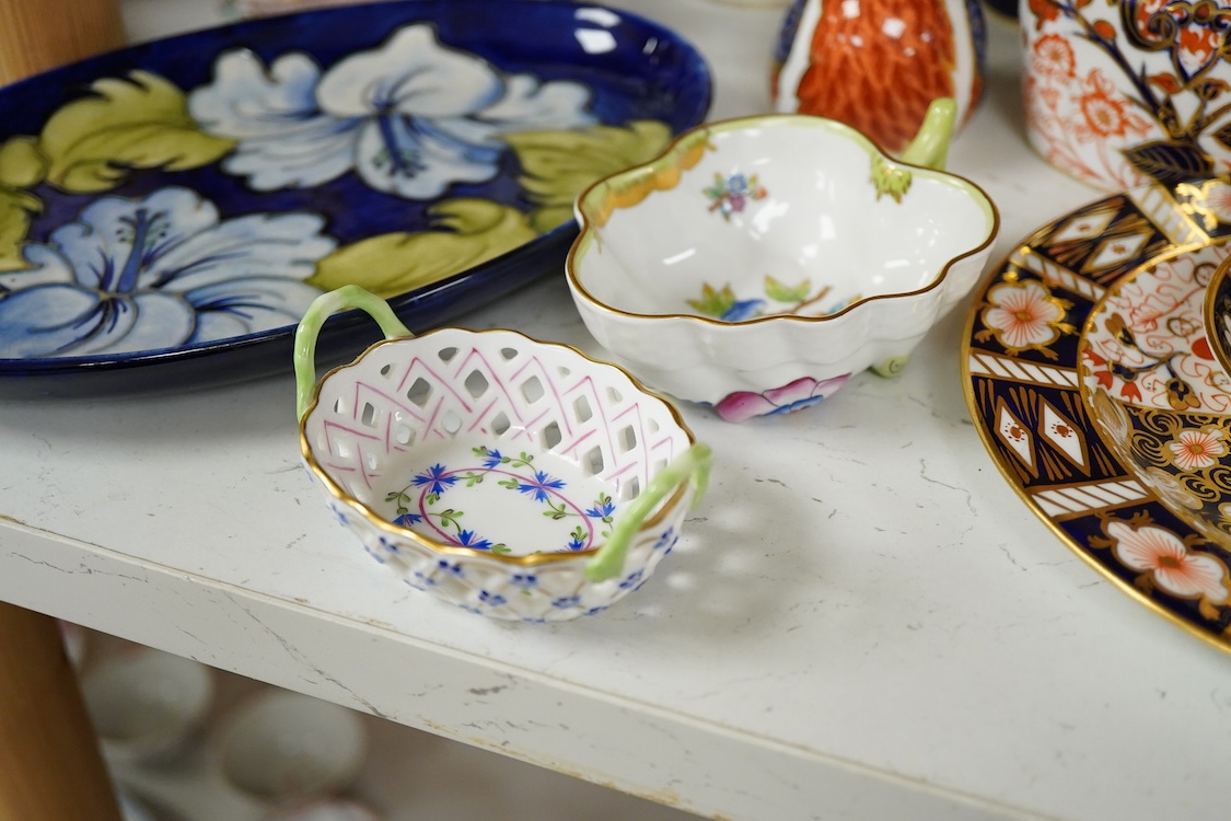 Assorted porcelain to include a Moorcroft oval dish - 23cm long, a collection of Royal Crown Derby teaware and a Robin paper weight, two Herend dishes etc